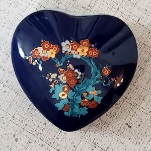 Vintage Heart Shape Cobalt Blue Floral Ceramic Trinket Dish, 3.25", EUC